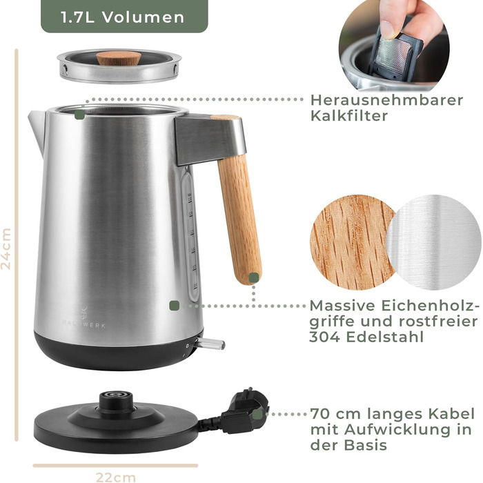 WALDWERK Design Kettle - 3000 Watts - 1.7L - Stainless Steel Kettle - Kettle with Genuine Oak Wood Handles and Rust-Resistant 304 Stainless Steel. Stainless Steel and Wood Kettle