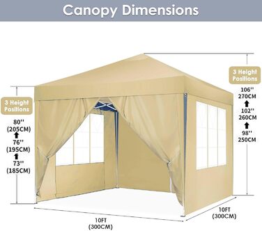 COBIZI Pavilion - Waterproof, Stable, Winter-Proof, Foldable, Pop-Up Gazebo/Party Tent for Beach, Wedding, Garden - with 4 Side Panels, UV Protection 50+, Adjustable Height (Khaki, 3x3m)