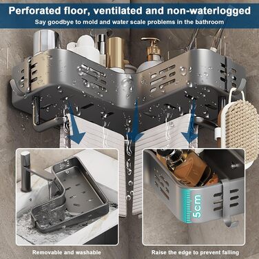 Поличка для душу без свердління, кутова, для ванної кімнати, органайзер, шафка для душу, тримач для шампуню, 2 гачки, темно-сірий