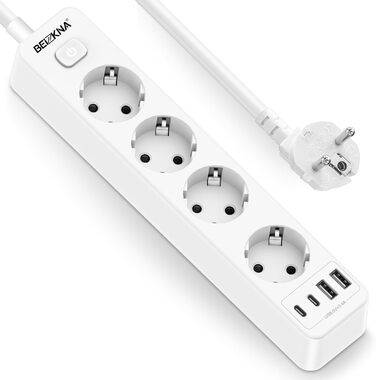 Розподільник розеток з 4 USB та захистом від перенапруги, 4000W, 16A, з вимикачем, 1.8м кабель, білий