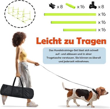Набір для аджиліті для собак: перешкоди, стрілки для слалому, обладнання для тренувань. Регульована висота, 104x70x101 см, зелений