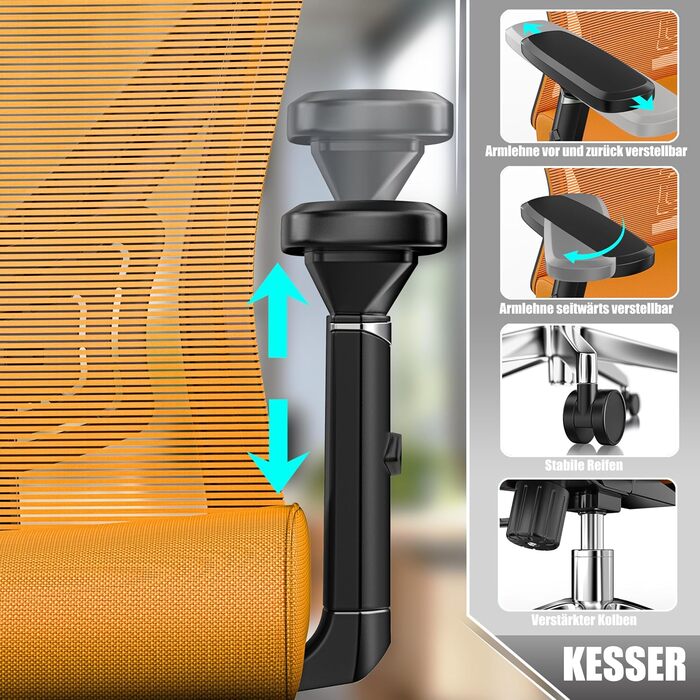 Офісне крісло KESSER® ергономічне з регульованими підлокітниками, поворотне з підтримкою попереку, з підголівником. Функція гойдання до 125° та 5 роликів. Оранжевий/срібний колір.