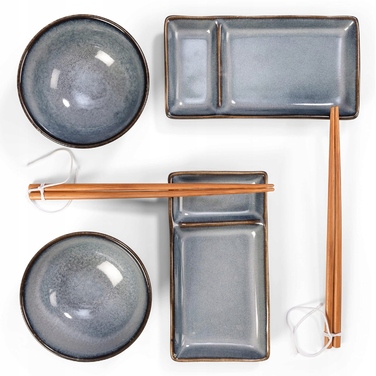 Набір для суші Misaki, сіро-блакитний: 2 тарілки, 2 піалки, 2 пари паличок