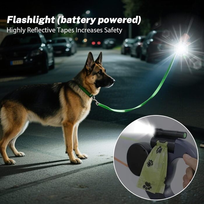 Висувна поводок для собак, 3 метри з LED-підсвіткою, подвійний поводок для 2 собак, обертання на 360°, без перекручування, з пакетами для вигулу, для собак до 50 кг, для тренувань та прогулянок (Чорний)