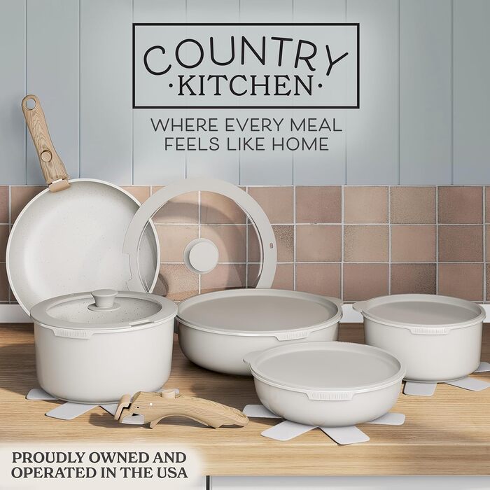 Набір посуду Country Kitchen 16 предметів з керамічним антипригарним покриттям, дерев'яні ручки, для плити та духовки (кремовий з золотистими крапками)