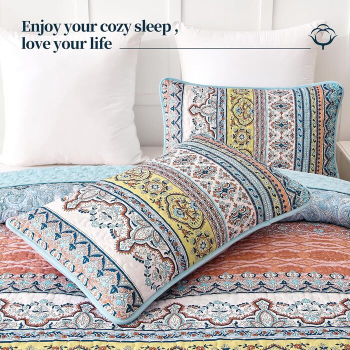 Ковдра стеганий богемний WONGS BEDDING, розмір King, 261,6 x 228,6 см, жовтогарячий, мікрофібра, 3 шт. (King, Рожевий, Синій)