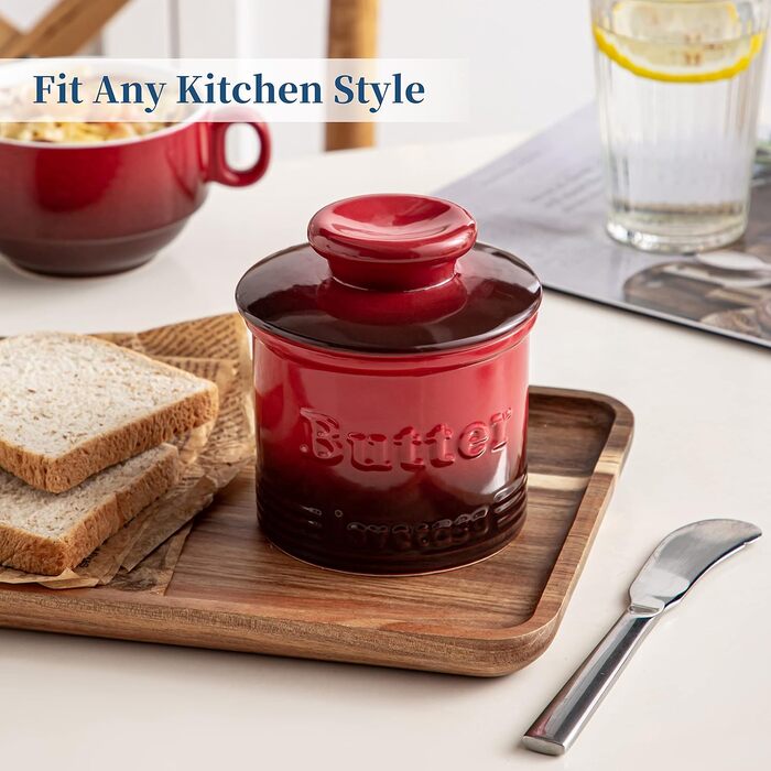 Porcelain Butter Dish for Countertop, LOVECASA Butter Holder with Water Line, French Butter Box with Lid, Ceramic Butter Container, no more hard butter, perfectly spreadable consistency (red)