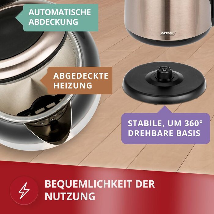 Електричний чайник MPM MCZ-85/G1, 1.7 л, без BPA, бездротовий, 360° обертання, антинакипний фільтр, автоматичне вимкнення, чорний, 2200W