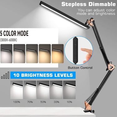 SKYLEO Dimmable Desk Lamp with Clip - Eye Protection LED Desk Light - 3 Modes & 10 Brightness Levels - Black (Rose Gold & Black)