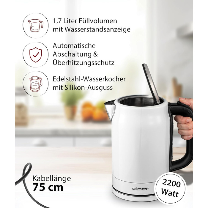 Електричний чайник Cloer 4511 з нержавіючої сталі, 2200 Вт, білий, 1.7 л, з індикатором рівня води та захистом від сухого кипіння та перегріву