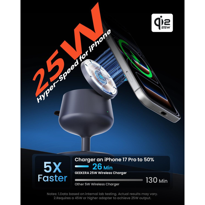 Бездротова зарядна станція 3-в-1 GEEKERA Qi2.2 25W для Apple: MagSafe зарядний пристрій для iPhone 17/16/12, Apple Watch та AirPods, адаптер GaN 45W, Phantom Grey