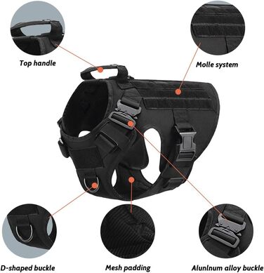 FEimaX Tactical Dog Harness with Handle Military Net Working Tactical Dog Vest Chest Harness for Large Dogs No Pull Adjustable Vest for Walks Training (Black, M)