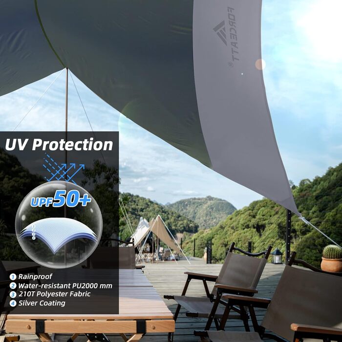 Тент Forceatt Zeltplane 3.7x4.3 м: ультралегкий, водонепроникний, з 6 точками кріплення, анти-UV. Підходить для кемпінгу, піших прогулянок та активного відпочинку на природі. Темно-синій & сірий колір.