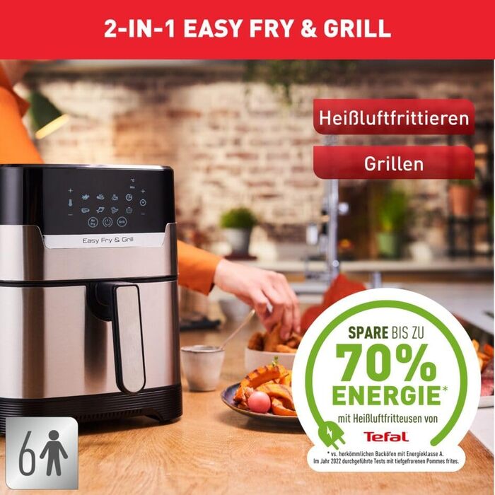 Tefal EY505D Easy Fry & Grill Hot Air Fryer | 2-in-1 Technology (Air Fryer and Grill) | Digital Display | 4.2 Liter for 6 Portions | 8 Cooking Programs | Energy-Saving | Oil-Free | Stainless Steel, XL