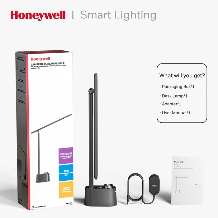 LED лампа Honeywell для столу з USB-портом, регульована яскравість, захист очей, Sunturalux™, для офісу та дому, складна, чорна