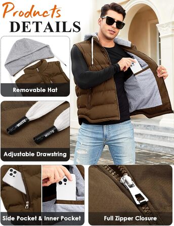 Чоловіча степкова жилетка Vancavoo з капюшоном, тепла зимова жилетка для активного відпочинку, спортивна жилетка, перехідна куртка, колір кава, розмір S