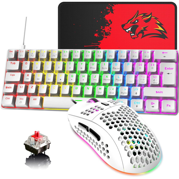 Ігрова клавіатура та миша UK-Layout з підсвічуванням RGB, 62 клавіші, механічна, 6400 DPI (чорний/червоний перемикач)