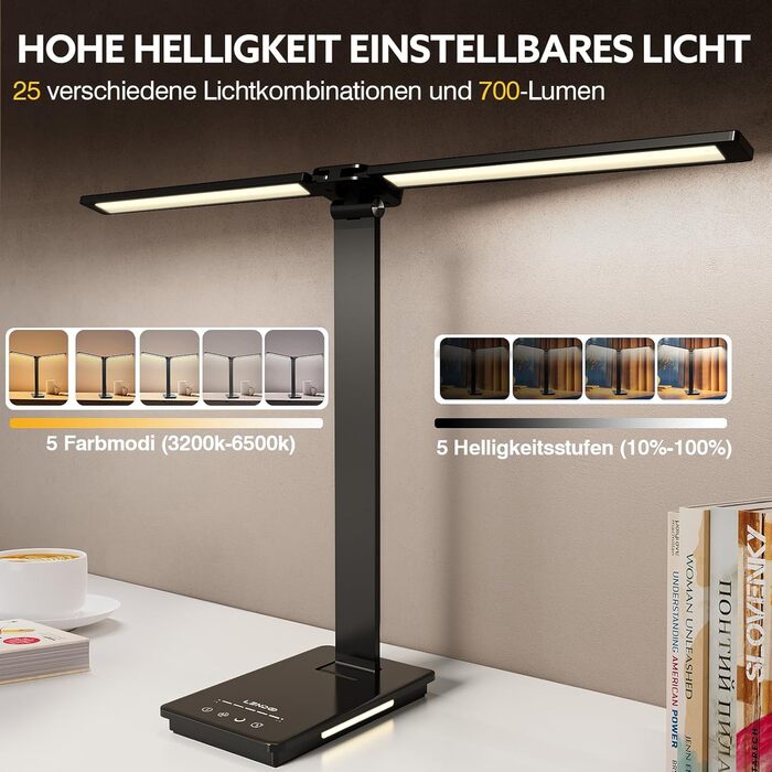 LED лампа настільна LENDOO з двома головками, регульована яскравість 700 люмен, 5 рівнів регулювання, 5 колірних режимів, USB-порт для зарядки та вбудований акумулятор 2000mAh, для дітей, спальні, читання, чорна