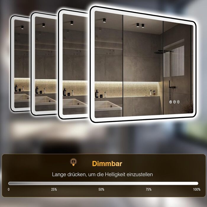 Дзеркало для ванної кімнати з підсвічуванням 80x60 см, 3 кольори, регульована яскравість, антизапар, 3x збільшення, розетка для гоління, IP44, для горизонтального/вертикального монтажу