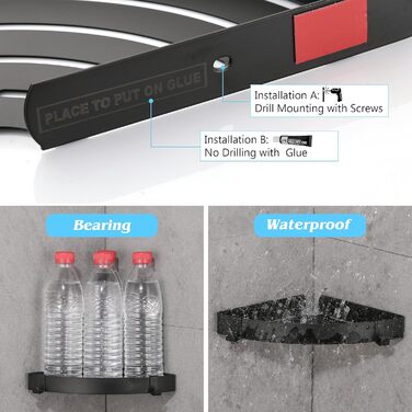 DUFU Shower Shelf Corner Shelf, Shower Organizer Without Drilling Stainless Steel Shower Basket Self-Adhesive, Corner Bathroom Organizer Shampoo Holder with 4 Hooks for Shower, 2 Pack Black