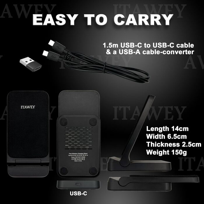 Бездротова зарядка 15W, складана, кабель 1.5м + USB-адаптер, сумісна з iPhone 15/14/13/12/11, Galaxy S25/S24/S23/S22/S21/S20/S10 та усіма Qi-пристроями, білий (чорний) колір