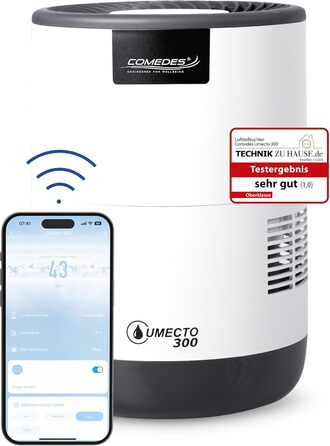 Увлажнитель воздуха Comedes Umecto 300 – для помещений до 45 м², тихий та енергоефективний, резервуар 2,8 л, продуктивність 300 мл/год, 99,9% менше бактерій завдяки холодному випаровуванню, для спальні, сумісний зі Smart Home