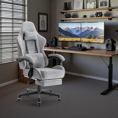 Ігровий крісло Dowinx з підголівником та підставкою для ніг, ергономічний офісний крісло з масажем, тканинний (Сірий & Рожевий)