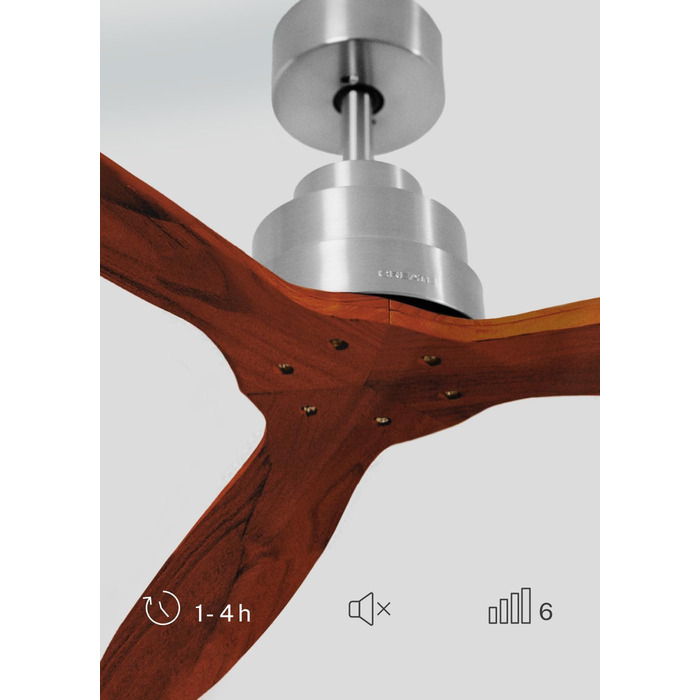 Вентилятор стельовий WINDSTYLANCE з дерева, з підсвіткою, Нікель, Wi-Fi, пульт, 40W, тихий, Ø132 см, 6 швидкостей, таймер, DC-двигун, літньо-зимовий режим, дерев'яні лопаті, без освітлення + вимикач