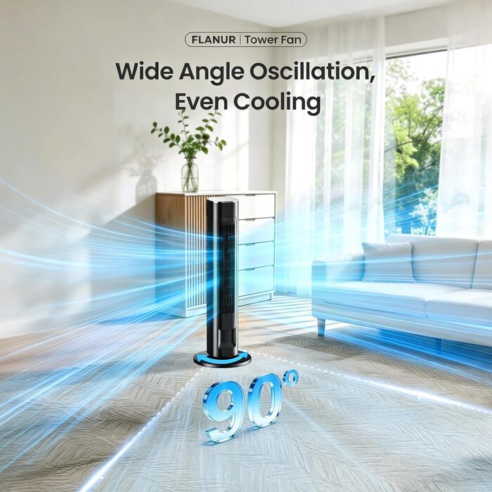 Вежа-вентилятор FLANUR WiFi Alexa 91 см: Тихий вентилятор з пультом, 4 режими, 90° осциляція, таймер 12 год, чорний