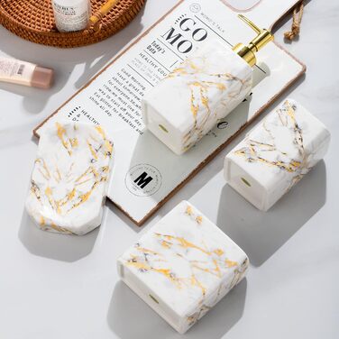 Набір аксесуарів для ванної кімнати (4 шт) – набір білого кольору з дозатором для лосьйону, тримачем для зубних щіток, склянкою та мильницею – блискуча поверхня (мармур, білий)