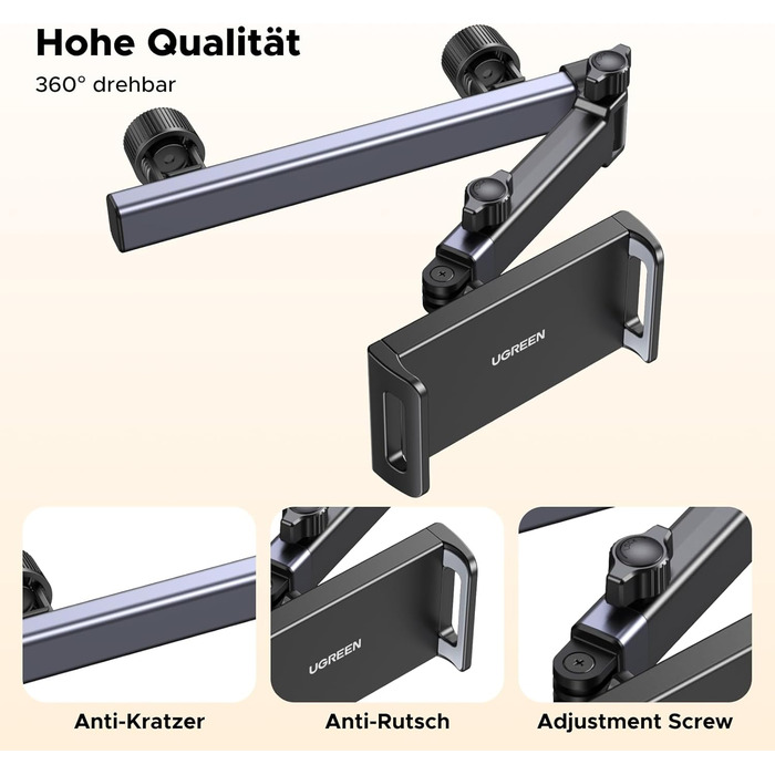 Тримач для планшета UGREEN в авто: 360° обертання, складна конструкція, універсальний для iPad, iPhone, Switch, Kindle (4.7-9.8 дюймів)