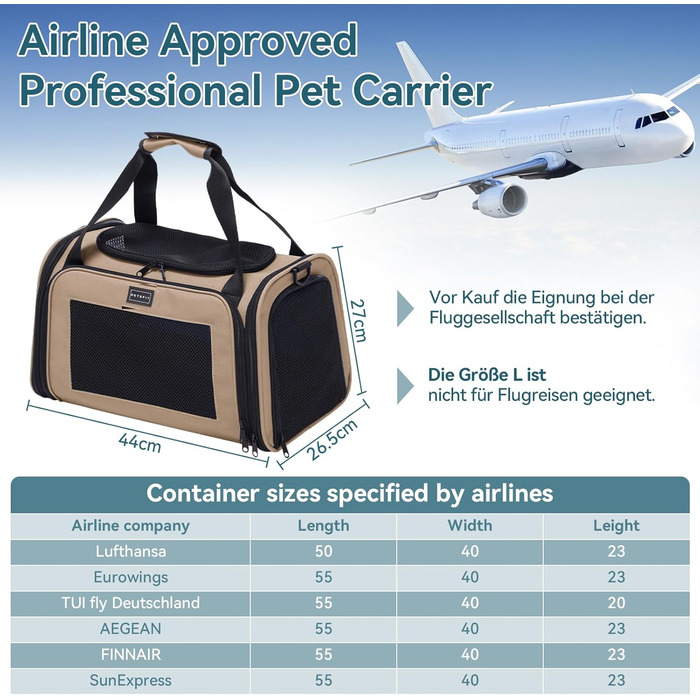 Транспортна переноска для котів та маленьких собак Petsfit, легка сумка-переноска для собак та котів, підходить для подорожей літаком, з ременем безпеки та розширеним килимком, S/Khaki