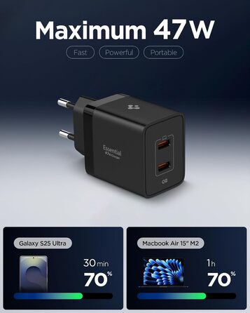 Зарядний пристрій Spigen ArcStation Essential GaN 47W 2xUSB-C з PPS та PD 3.0, чорний