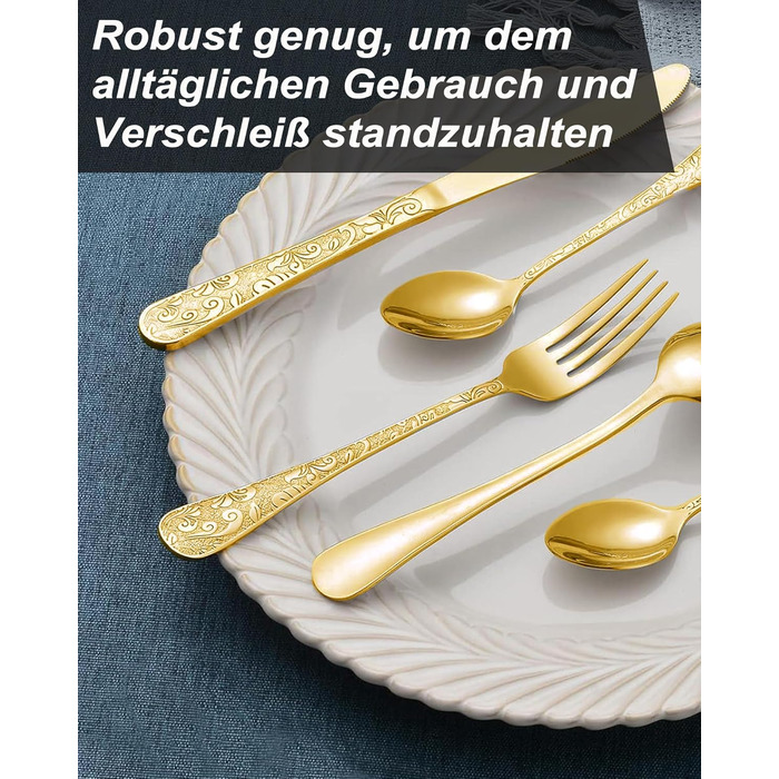 Набір столових приборів 24 предмети в золотистому вінтажному стилі для 6 осіб, нержавіюча сталь, з гравіюванням, високоякісне полірування