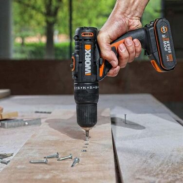 WORX WX101.9 Акумуляторний дриль-шурупокрут 20V – потужний інструмент для свердління та закручування шурупів – 2 швидкості та 15+1 ступенів регулювання крутного моменту – з LED-підсвічуванням (10 мм патрон, 30 Нм, з 2 акумуляторами та зарядним пристроєм)