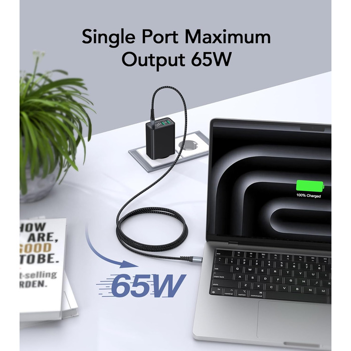 Зарядний пристрій USB-C 65W з 3 портами, кабель 2м, для MacBook, iPhone, Switch, Galaxy, Tablet, Laptop (Чорний)