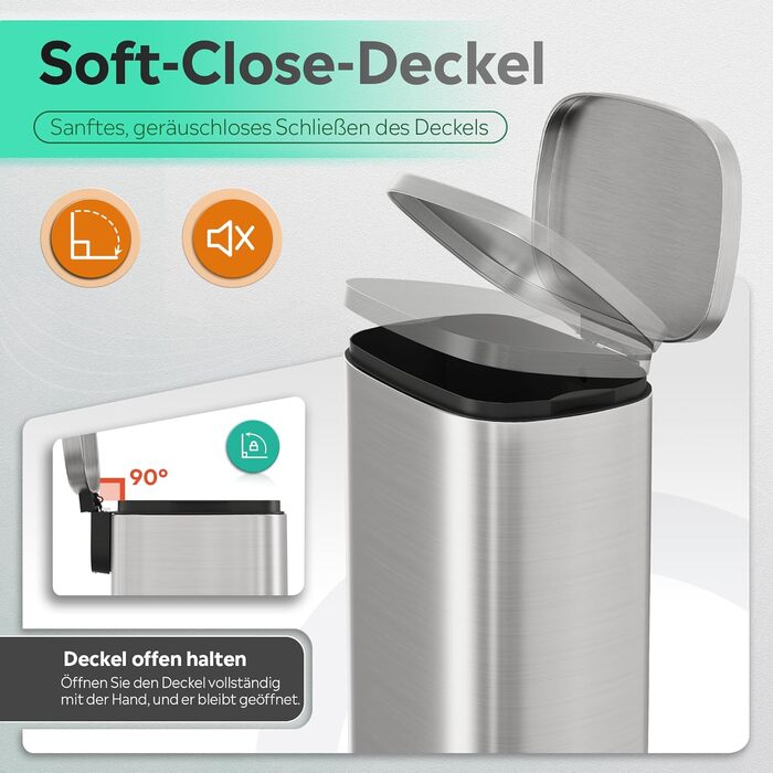 Відро для сміття WLIVE 50L з нержавіючої сталі з педальним механізмом та м'яким закриттям, для кухні, спальні, офісу, срібний