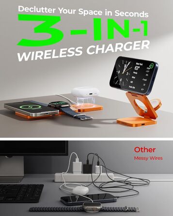 Зарядний пристрій 3-в-1 LULULOOK Ultra Kompakt Qi2.2 25W, MagSafe для iPhone 17/16, Apple Watch, AirPods, GaN 45W, помаранчевий