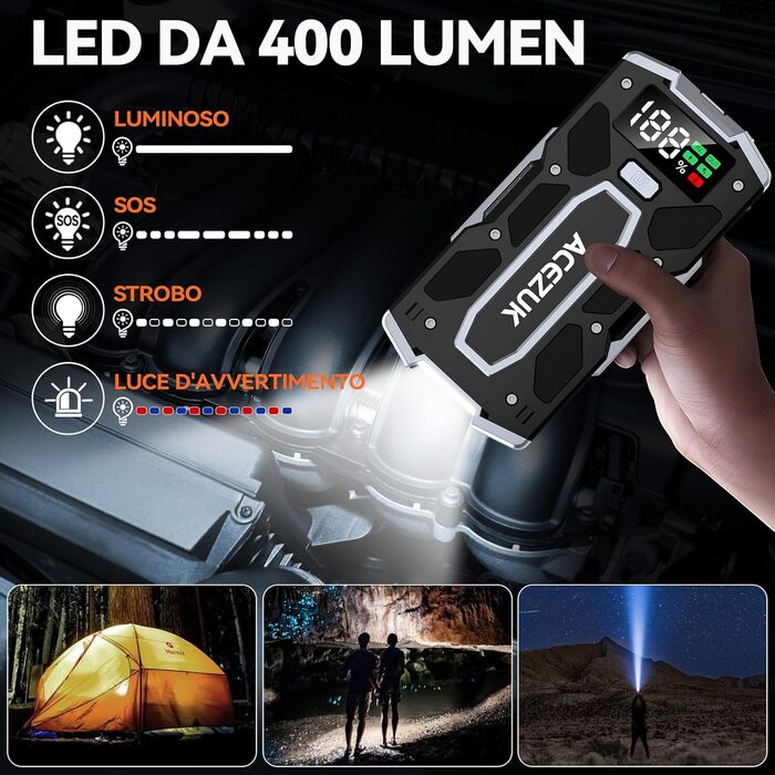 ACEZUK Пусковий пристрій для автомобіля та мотоцикла 7000A з LED-дисплеєм, QC3.0, для бензину/дизеля