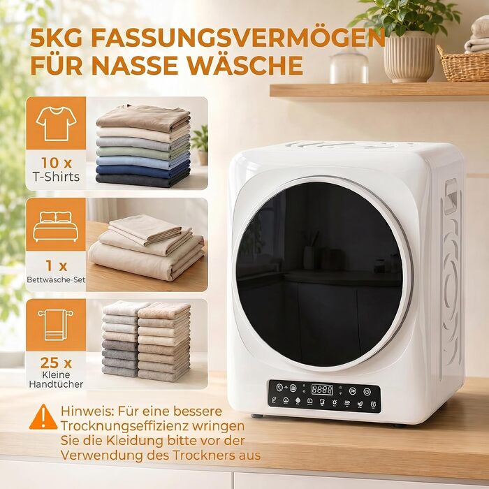Компактна сушарка для білизни HOMCOM 5 кг, міні-сушарка з відводом повітря, 9 програм, 1000 Вт, біла