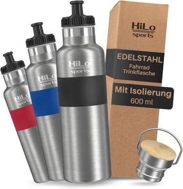 HiLo Sports Insulated Drinking Bottle Bicycle Stainless Steel 600ml - [Keeps 12h hot & 24h cold] Thermo Bike Bottle - Leak-proof Metal Bicycle Drinking Bottle with 2 Closures