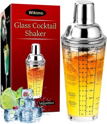 Stainless Steel Cocktail Mix Set - 14 Piece Bartender Kit with Bamboo Stand & Cocktail Shaker - Professional Mixology Set - Black (400ml D-Glass)
