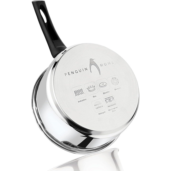 Каструля Penguin Home 18 см, 2 л, нержавіюча сталь, з скляною кришкою, для індукції, з двостороннім носиком, набір каструль і сковорідок, срібляста, 3 бакелітові ручки