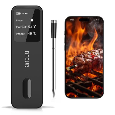 BFOUR Wireless Meat Thermometer Grill Thermometer Bluetooth with App, IP67 Waterproof Core Temperature Probe, Large Display Cooking Thermometer, App Control, for Grill, Oven, Rotisserie