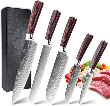 Набір кухонних ножів 5 шт. з нержавіючої сталі, преміум якість, ергономічні дерев'яні ручки, професійний кухонний набір, подарункова коробка