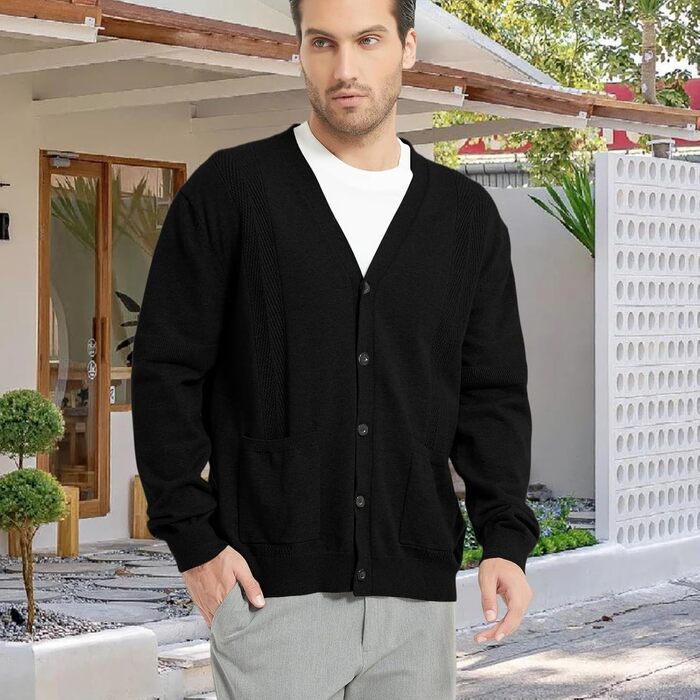 Чоловічий кардиган з в'язаного полотна, чорний, XL. Зручний чоловічий пуловер з V-подібним вирізом, довгі рукави, з кнопками та кишенями. Ідеальний для зими.