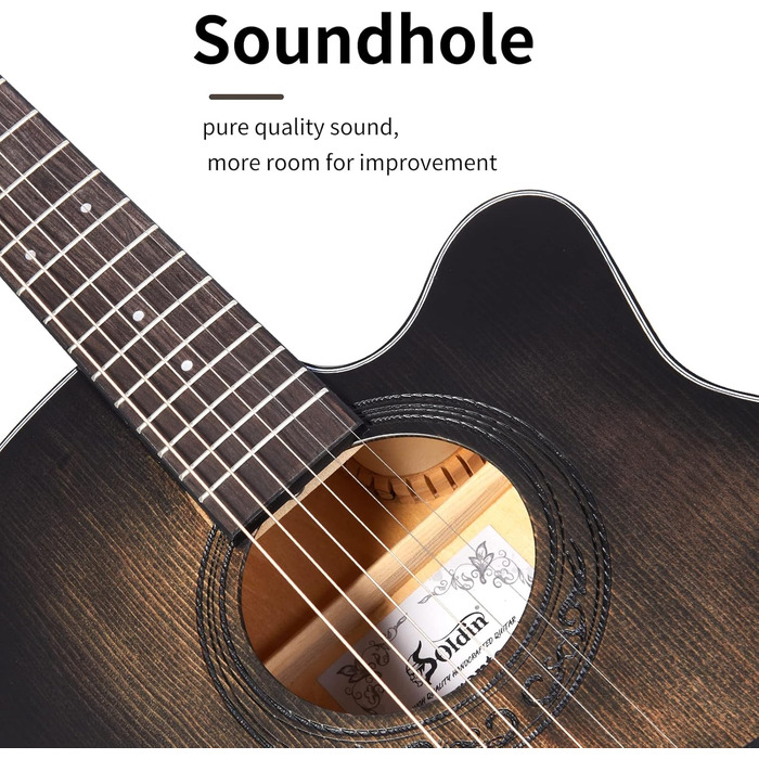 Акустична гітара Soldin 40 дюймів Premium з масивної соснової верхньої деки. Комплект: гітара, підставка, тюнер, ремінь, каподастр, струни, серветка для чищення, медіатори (Чорний)