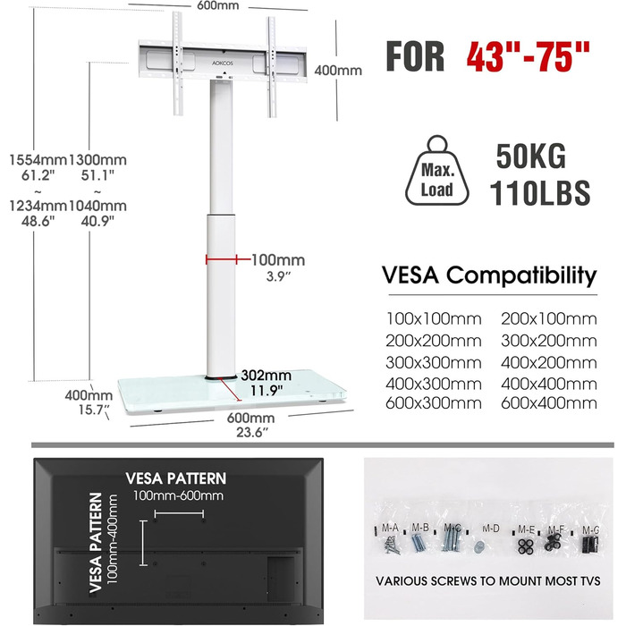 Регульований підлоговий кріплення для телевізора 100-190 см (43-75 дюймів), 10-ступеневе регулювання висоти кутів, підставка для телевізора для вітальні/спальні, підтримує до 50 кг, max. VESA (Білий/Опудаловий сад)