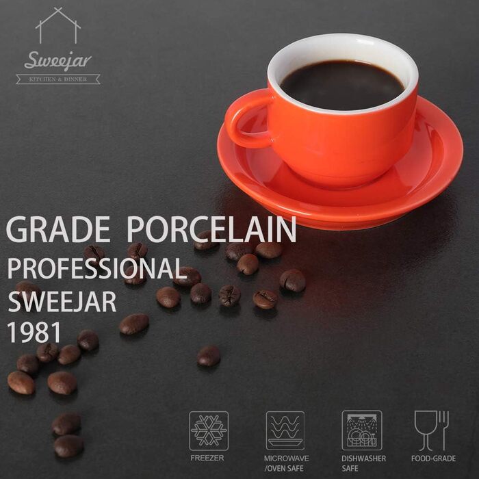 Набір чашок еспресо Sweejar Home з підставками, 6 шт., 70 мл, порцеляна, чорний, для кави, мокко, лате, чаю