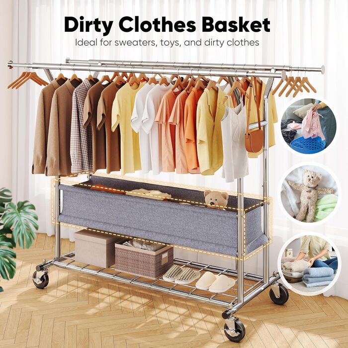 Вішалка для одягу HOKEEPER на коліщатках, вантажопідйомність 204 кг, висувна штанга для одягу